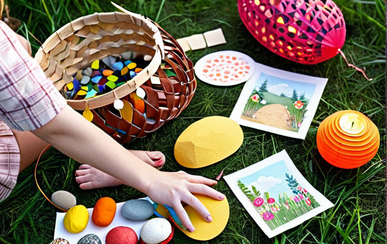**
"A vibrant picnic scene featuring people crafting decorations by hand. Focus on elements like handmade flower crowns, painted pebbles, and paper lanterns. The atmosphere should be warm and inviting, with a focus on DIY and creativity in nature."
**