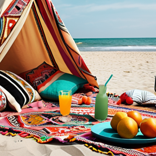 ** Bohemian beach picnic scene. A stylishly decorated beach with a bohemian theme. Focus on a fabric tent adorned with patterned throws and cushions, lanterns, and a spread of fresh fruit and refreshing drinks.

**