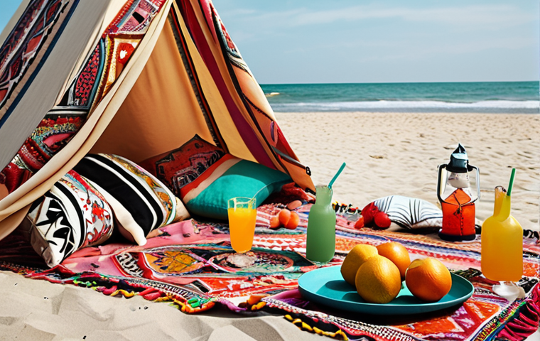 ** Bohemian beach picnic scene. A stylishly decorated beach with a bohemian theme. Focus on a fabric tent adorned with patterned throws and cushions, lanterns, and a spread of fresh fruit and refreshing drinks.
**