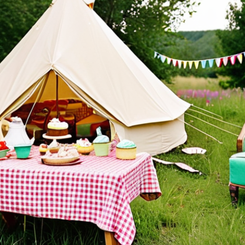 **Vintage Picnic Scene:** A beautifully arranged vintage picnic setup. Focus on pastel colors, including pinks, mint greens, and light yellows. Feature a small tent, vintage wooden table and chairs, colorful cushions, string lights, flower arrangements (especially wildflowers), and perhaps a gramophone playing jazz music. The food should include homemade cupcakes and colorful salads. Consider a model wearing vintage clothing.