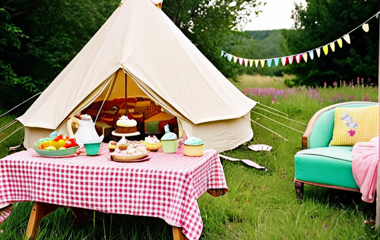 **Vintage Picnic Scene:** A beautifully arranged vintage picnic setup. Focus on pastel colors, including pinks, mint greens, and light yellows. Feature a small tent, vintage wooden table and chairs, colorful cushions, string lights, flower arrangements (especially wildflowers), and perhaps a gramophone playing jazz music. The food should include homemade cupcakes and colorful salads. Consider a model wearing vintage clothing.