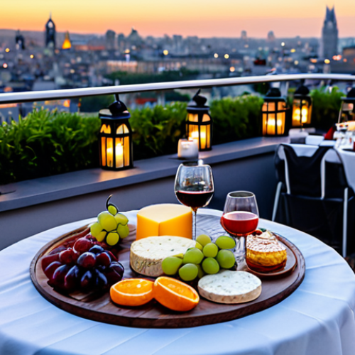 Home 19 Luxurious Rooftop Picnic**
"A sophisticated picnic setup on a rooftop bar overlooking a vibrant city at sunset. Featuring gourmet cheese platters, fresh fruit, delicate pastries, and wine glasses. Decorated with soft lighting from lanterns and candles, creating a warm and inviting atmosphere. Fully clothed individuals are enjoying the view and delicacies. Safe for work, appropriate content, fully clothed, professional photography, high quality."
**