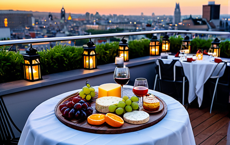 Luxurious Rooftop Picnic**
"A sophisticated picnic setup on a rooftop bar overlooking a vibrant city at sunset. Featuring gourmet cheese platters, fresh fruit, delicate pastries, and wine glasses. Decorated with soft lighting from lanterns and candles, creating a warm and inviting atmosphere. Fully clothed individuals are enjoying the view and delicacies. Safe for work, appropriate content, fully clothed, professional photography, high quality."
**